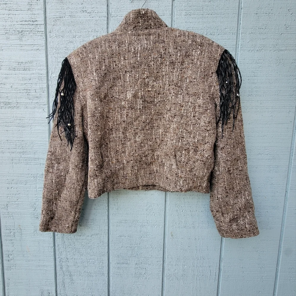 Double D Ranch Cropped Tweed Fringe Beaded Jacket sz S Black Brown Western VTG